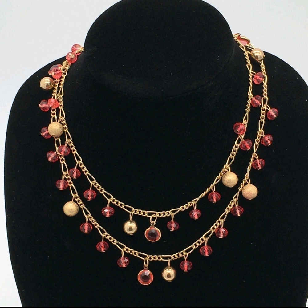 Charming Charlie Gold Tone Pink Stone Faux Pearl Necklace Pendant & Earrings NWT
